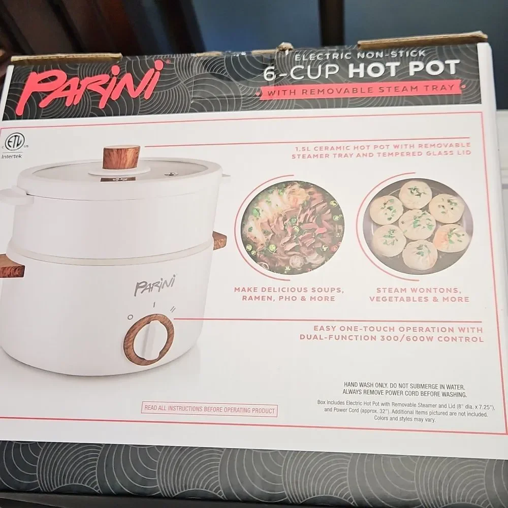 NIB Parini White Electric Hot Pot with Wooden Accents